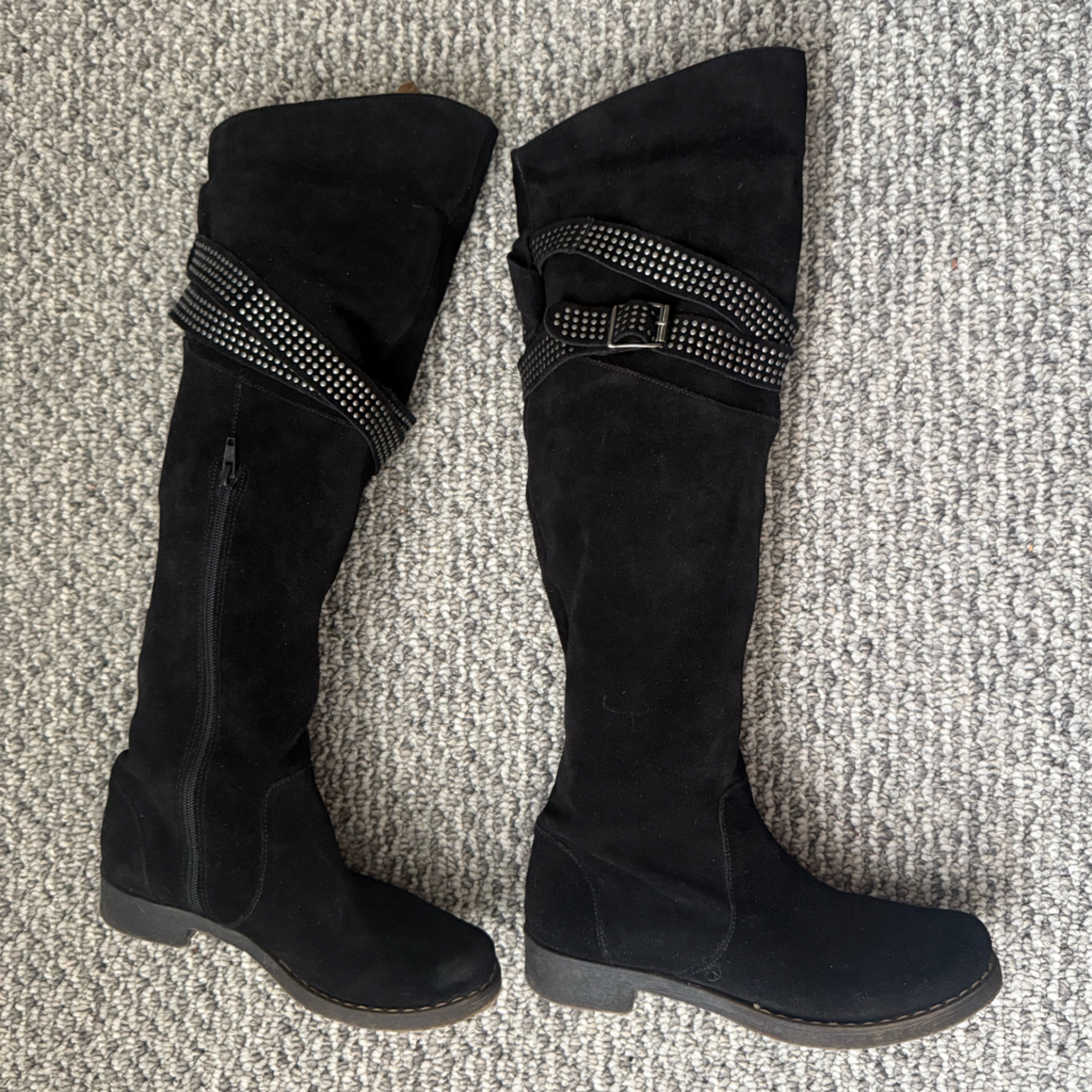 Black Suede Over-The-Knee Boots With Studded Strap